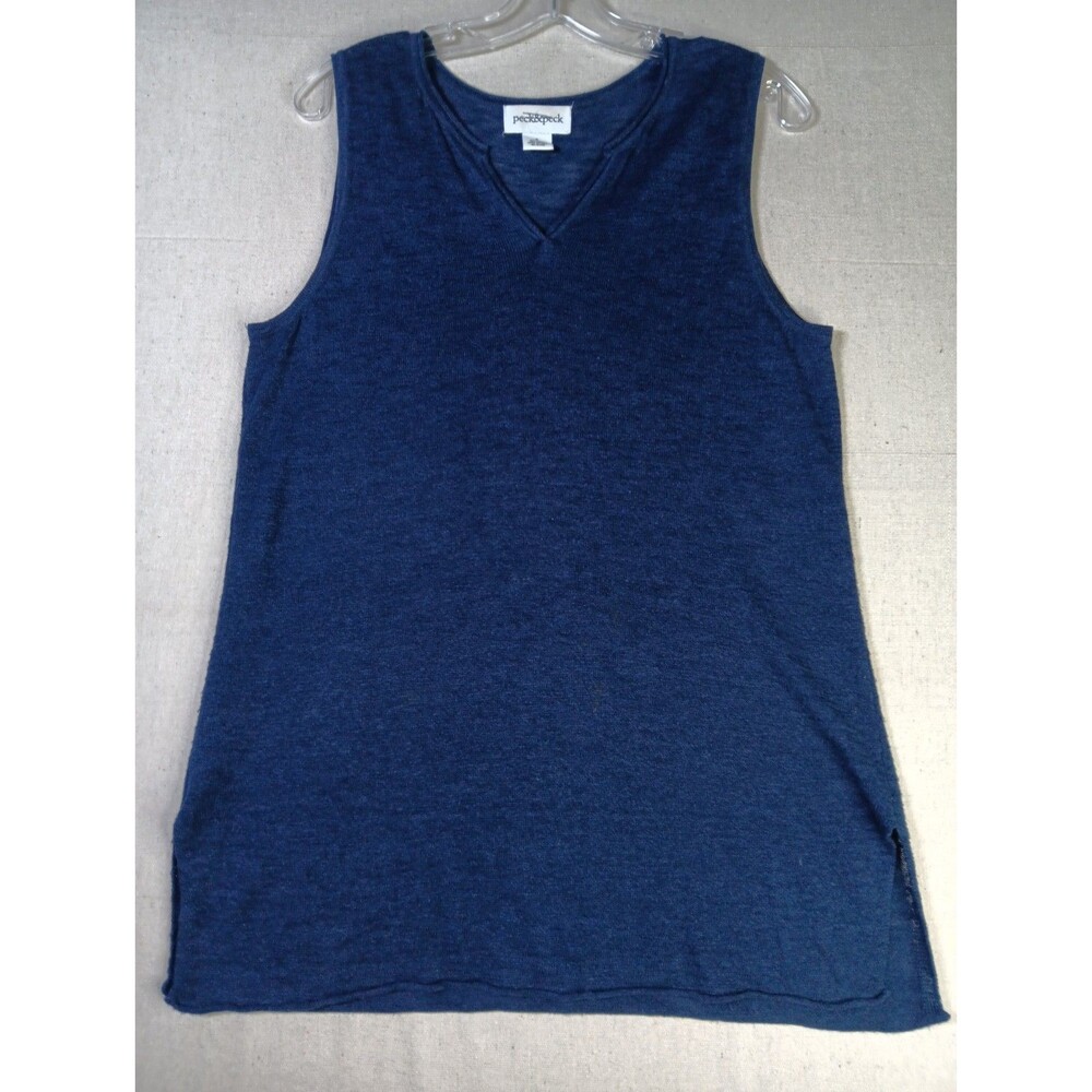 Peck & Peck Linen Blend Knit Sleeveless Top Small Navy Blue Split Hem V-Neck EUC